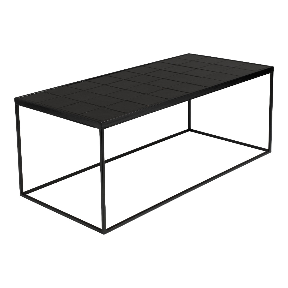 Full view of a rectangular black tiled coffee table with metal frame