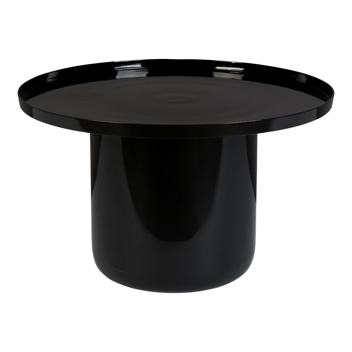 A black round pedestal table with a glossy finish