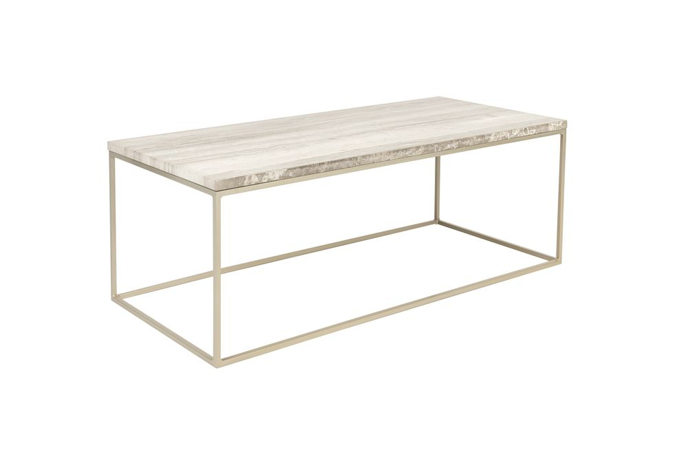 Corner view of a matching coffee table with a glass-top? actually wood top and metal frame in a living room