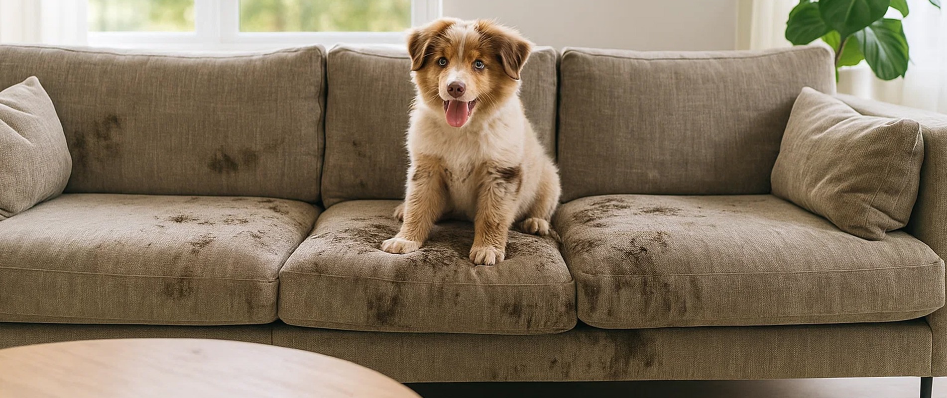 Muddy pup on beige couch